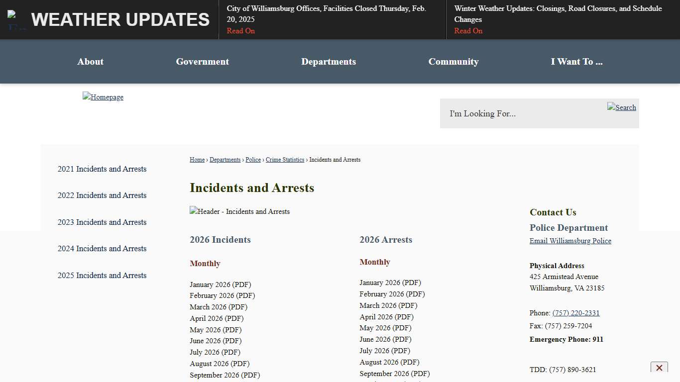 Incidents and Arrests Williamsburg, VA